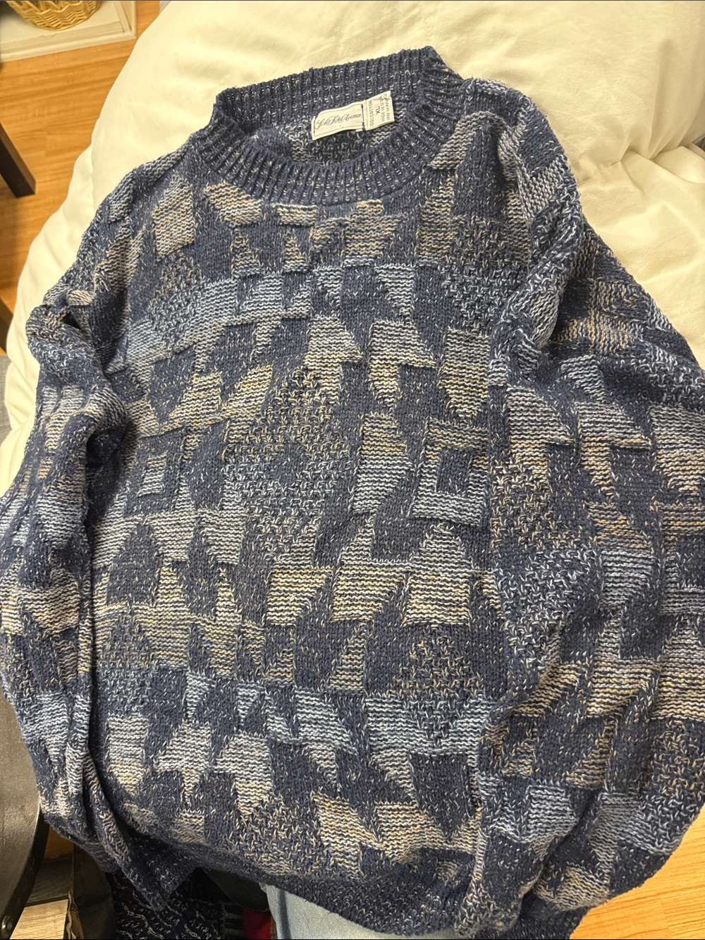 Saks Fifth Avenue Navy & Cream Geometric Knit Crewneck Sweater